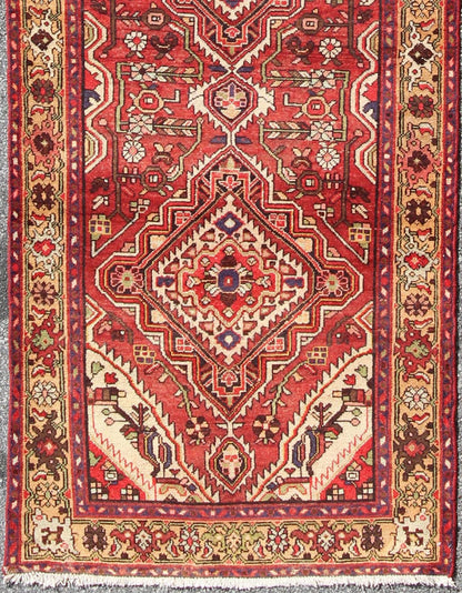 Antique Persian Malayer Runner with Medallion Design in Beautiful Red & Khaki Sub - geometric Floral design Antique Malayer runner in Gorgeous Red, Khaki, green blue and black highlights, rug H - 711 - 08, country of origin / type: Malayer, circa 1930. ... - Keivan Woven ArtsH - 711 - 08 - 1370Rug