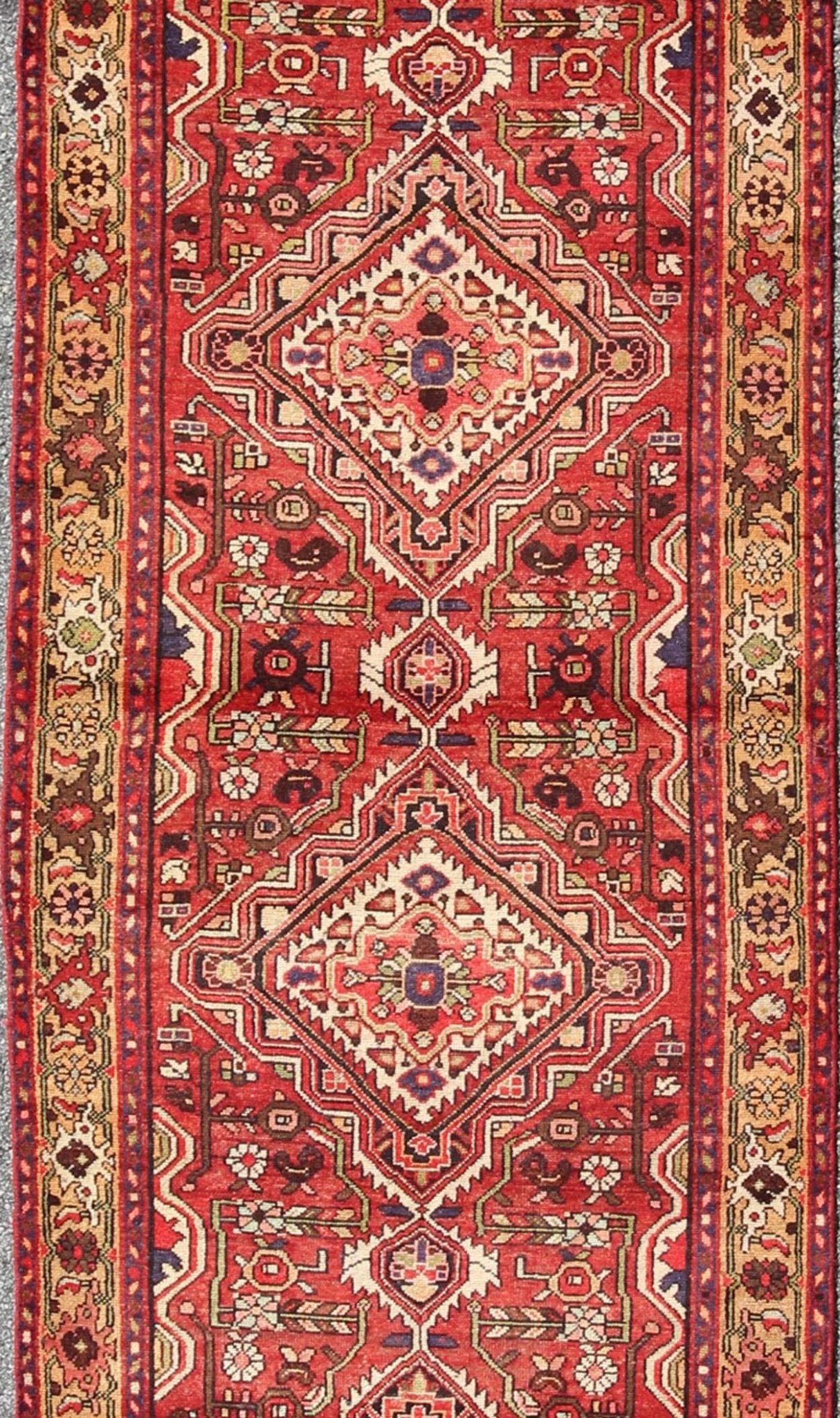 Antique Persian Malayer Runner with Medallion Design in Beautiful Red & Khaki Sub - geometric Floral design Antique Malayer runner in Gorgeous Red, Khaki, green blue and black highlights, rug H - 711 - 08, country of origin / type: Malayer, circa 1930. ... - Keivan Woven ArtsH - 711 - 08 - 1370Rug