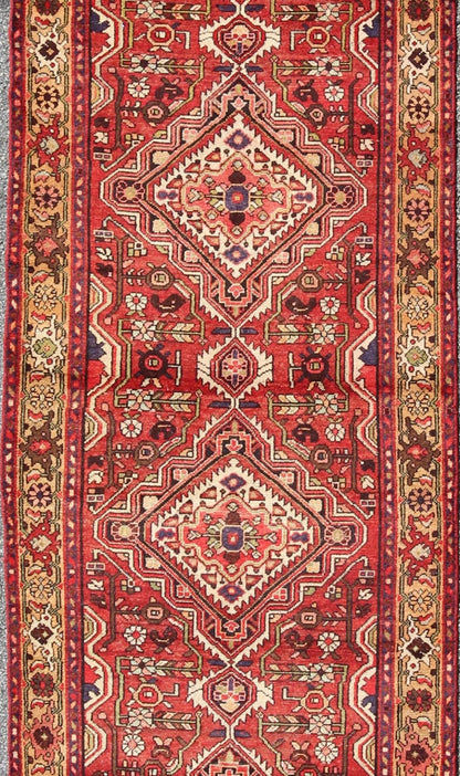Antique Persian Malayer Runner with Medallion Design in Beautiful Red & Khaki Sub - geometric Floral design Antique Malayer runner in Gorgeous Red, Khaki, green blue and black highlights, rug H - 711 - 08, country of origin / type: Malayer, circa 1930. ... - Keivan Woven ArtsH - 711 - 08 - 1370Rug
