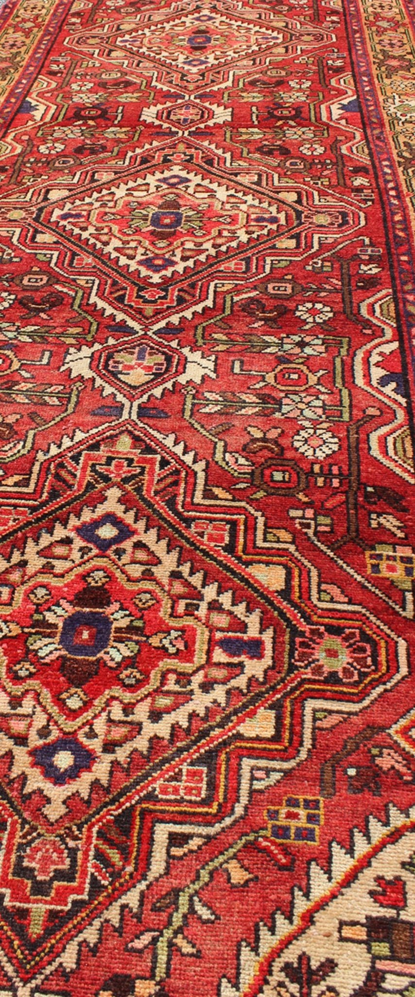 Antique Persian Malayer Runner with Medallion Design in Beautiful Red & Khaki Sub - geometric Floral design Antique Malayer runner in Gorgeous Red, Khaki, green blue and black highlights, rug H - 711 - 08, country of origin / type: Malayer, circa 1930. ... - Keivan Woven ArtsH - 711 - 08 - 1370Rug