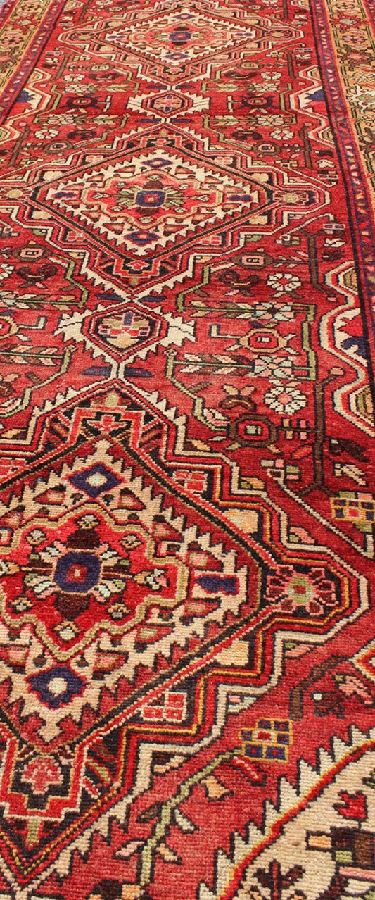 Antique Persian Malayer Runner with Medallion Design in Beautiful Red & Khaki Sub - geometric Floral design Antique Malayer runner in Gorgeous Red, Khaki, green blue and black highlights, rug H - 711 - 08, country of origin / type: Malayer, circa 1930. ... - Keivan Woven ArtsH - 711 - 08 - 1370Rug