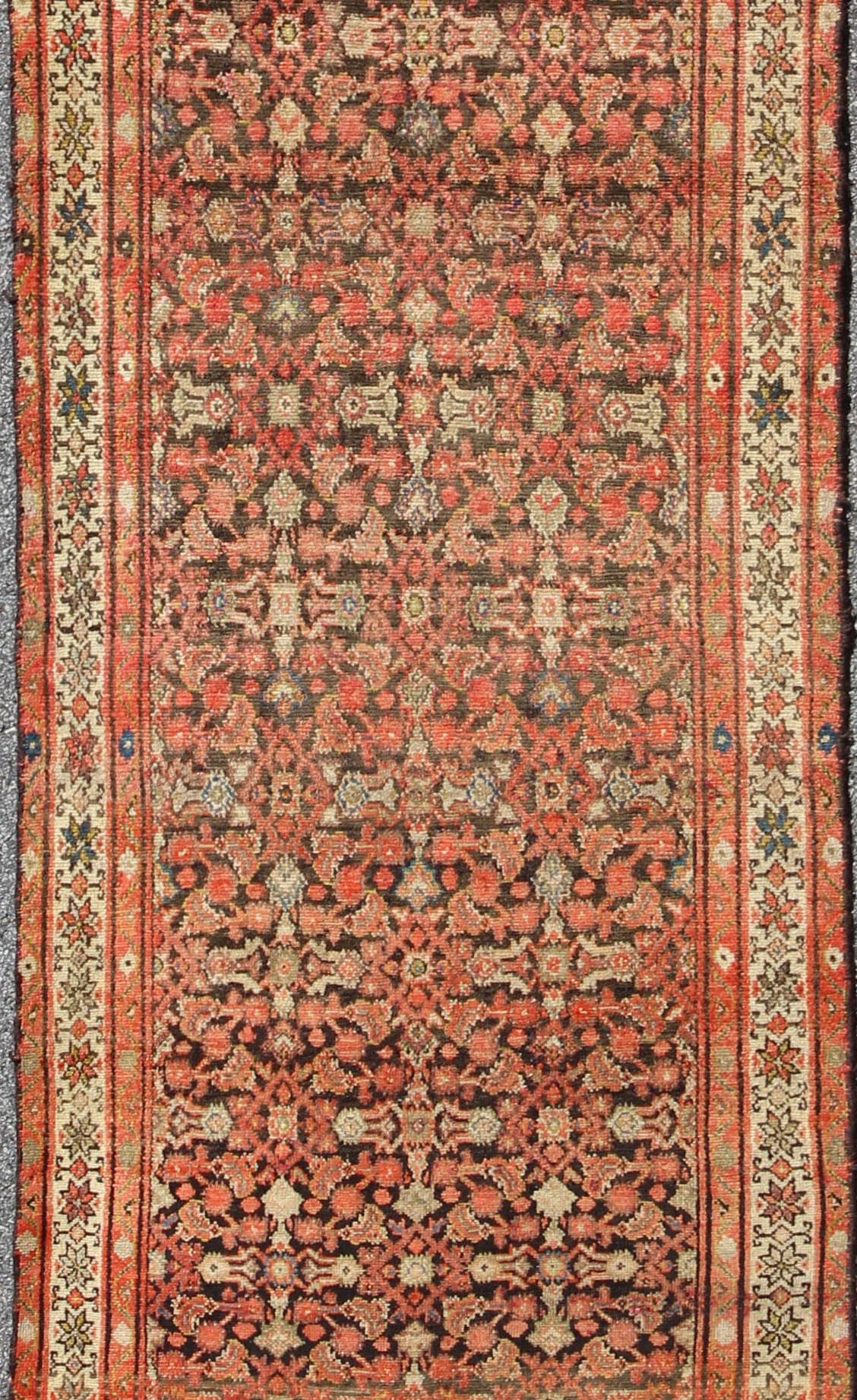 Antique Early 20th Century Persian Herati Design Malayer Runner in Brown, light green, ivory & rust. Malayer antique Persian runner H - 711 - 21, kwarugs. This antique Malayer runner (circa 1900) bears a beautiful, all - over sub geometric design pair... - Keivan Woven ArtsH - 711 - 21 - 291Rug