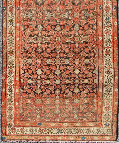 Antique Early 20th Century Persian Herati Design Malayer Runner in Brown, light green, ivory & rust. Malayer antique Persian runner H - 711 - 21, kwarugs. This antique Malayer runner (circa 1900) bears a beautiful, all - over sub geometric design pair... - Keivan Woven ArtsH - 711 - 21 - 291Rug