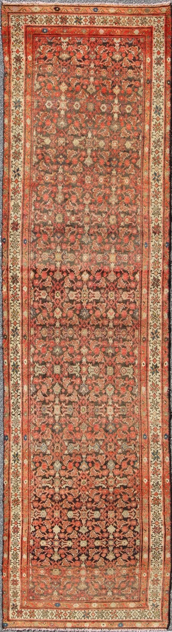 Antique Early 20th Century Persian Herati Design Malayer Runner in Brown, light green, ivory & rust. Malayer antique Persian runner H - 711 - 21, kwarugs. This antique Malayer runner (circa 1900) bears a beautiful, all - over sub geometric design pair... - Keivan Woven ArtsH - 711 - 21 - 291Rug
