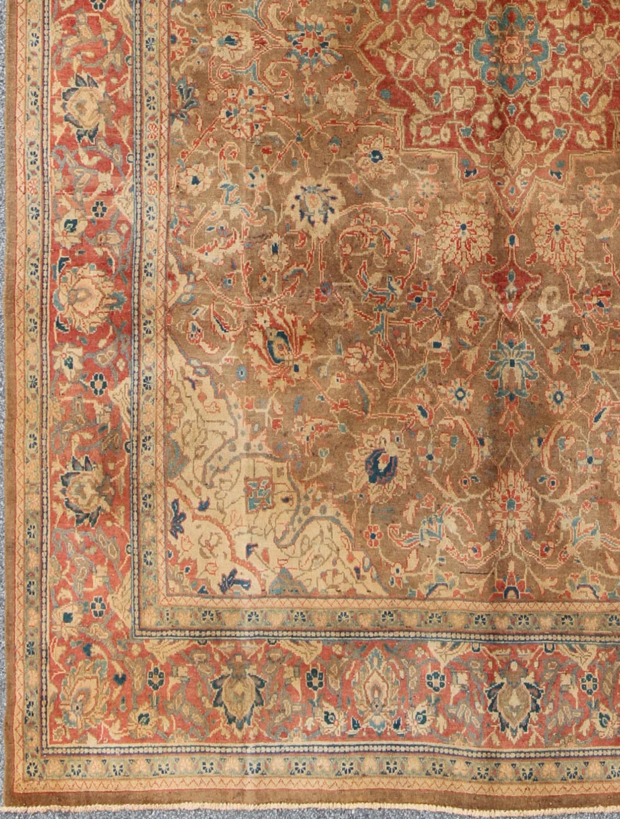 Antique Mahal Rug with Floral Pattern in Camel, Coral, Turquoise , Rust Red. Antique Mahal Rug with Floral Pattern in Camel, Coral, Turquoise , Rust Red Antique Persian Mahal Rug with Floral Pattern, Rug 904 - 17, Country of Origin/Iran, Type/Pers... - Keivan Woven ArtsH - 904 - 17 - 1221Rug