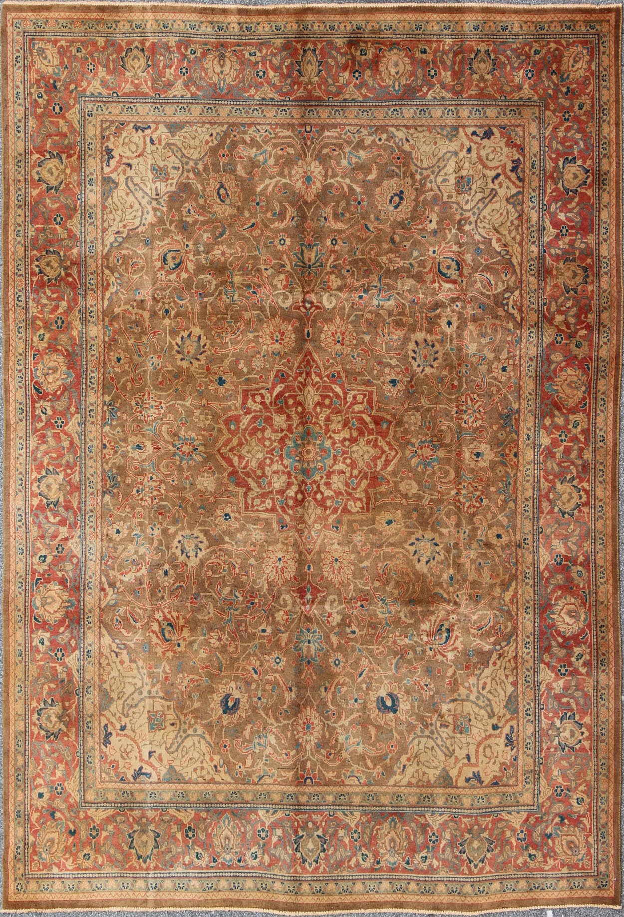 Antique Mahal Rug with Floral Pattern in Camel, Coral, Turquoise , Rust Red. Antique Mahal Rug with Floral Pattern in Camel, Coral, Turquoise , Rust Red Antique Persian Mahal Rug with Floral Pattern, Rug 904 - 17, Country of Origin/Iran, Type/Pers... - Keivan Woven ArtsH - 904 - 17 - 1221Rug