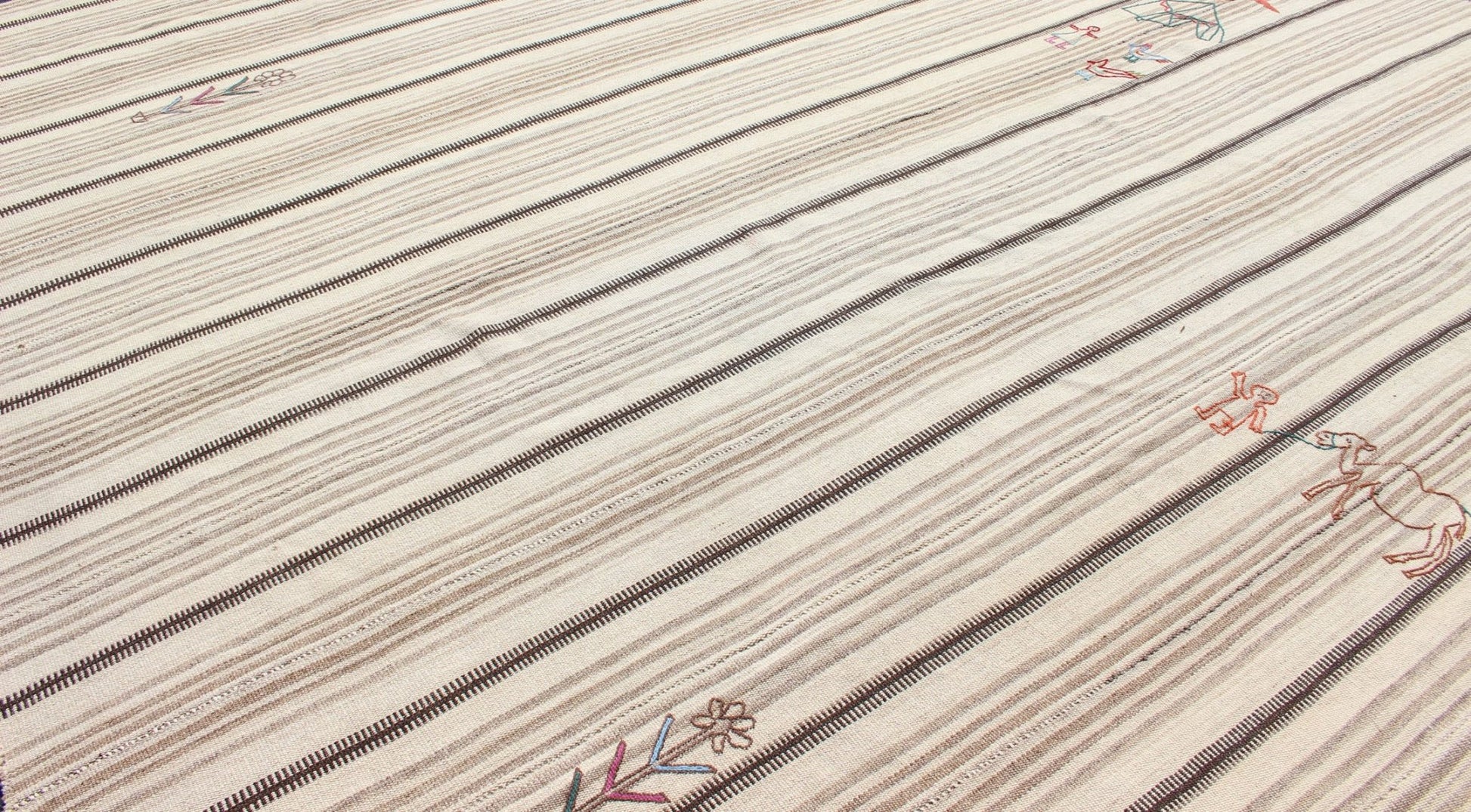 Antique Neutral Paneled Kilim Flat - Weave in Tones of Cream and Brown Antique neutral paneled Kilim flat - weave in tones of cream and brown with newly woven designs. Casual flat - weave Kilim design, rug H20 - 0904, country of origin / type: Iran / Ki... - Keivan Woven ArtsH20 - 0904 - 13434Rug
