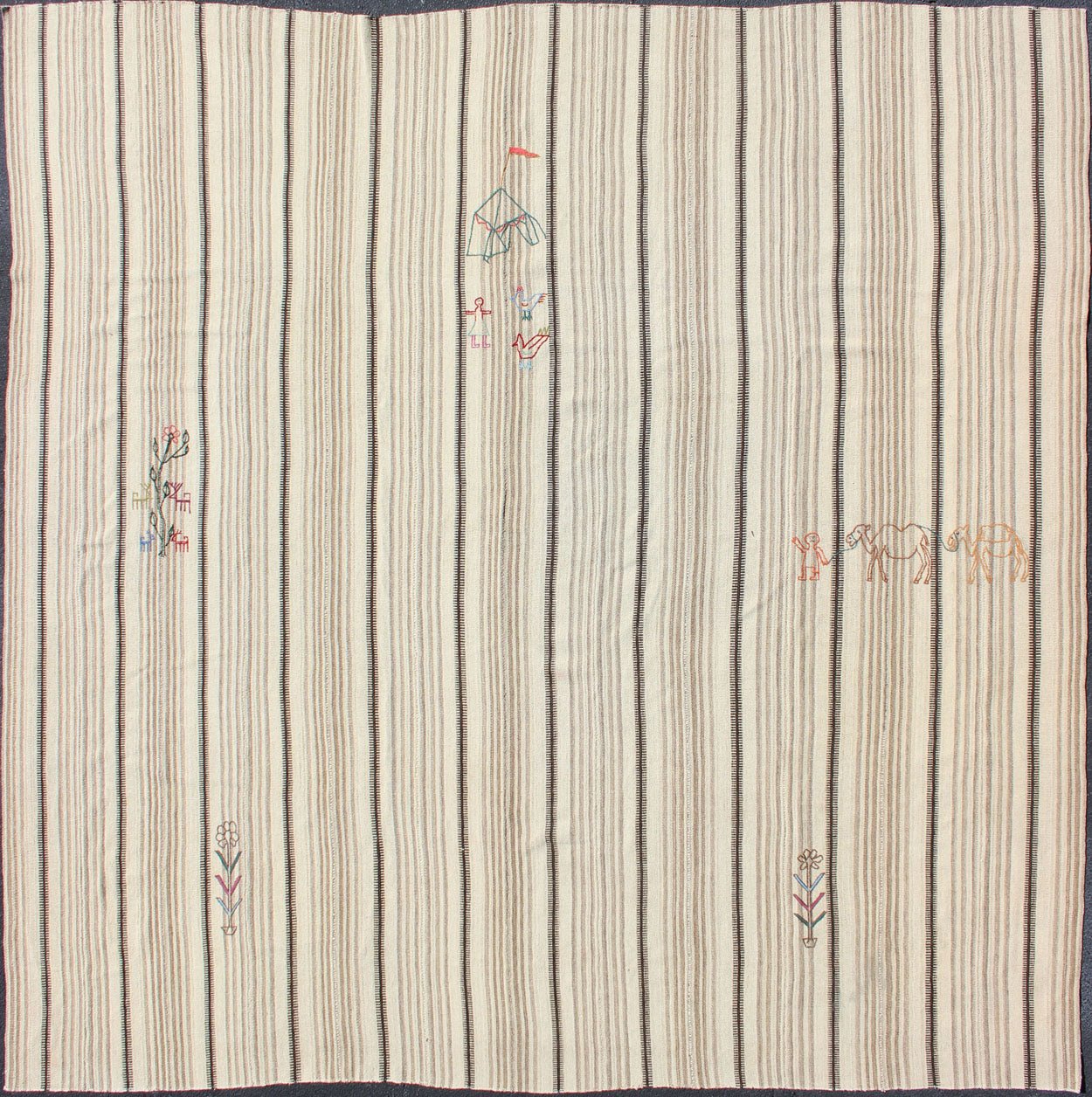 Antique Neutral Paneled Kilim Flat - Weave in Tones of Cream and Brown Antique neutral paneled Kilim flat - weave in tones of cream and brown with newly woven designs. Casual flat - weave Kilim design, rug H20 - 0904, country of origin / type: Iran / Ki... - Keivan Woven ArtsH20 - 0904 - 13434Rug