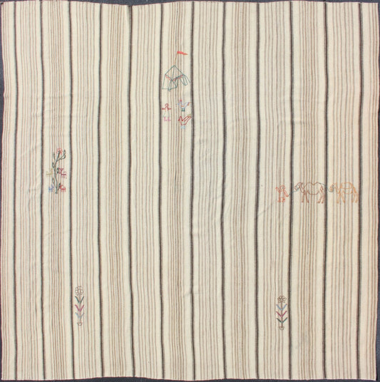 Antique Neutral Paneled Kilim Flat - Weave in Tones of Cream and Brown Antique neutral paneled Kilim flat - weave in tones of cream and brown with newly woven designs. Casual flat - weave Kilim design, rug H20 - 0904, country of origin / type: Iran / Ki... - Keivan Woven ArtsH20 - 0904 - 13434Rug