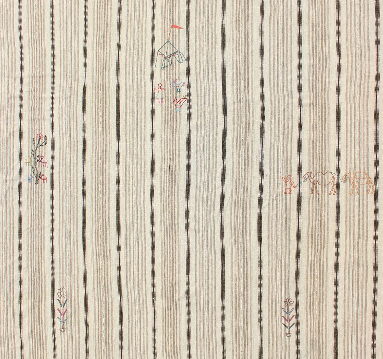Antique Neutral Paneled Kilim Flat - Weave in Tones of Cream and Brown Antique neutral paneled Kilim flat - weave in tones of cream and brown with newly woven designs. Casual flat - weave Kilim design, rug H20 - 0904, country of origin / type: Iran / Ki... - Keivan Woven ArtsH20 - 0904 - 13434Rug