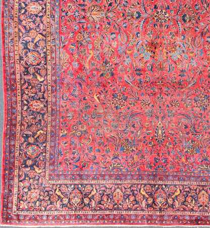Antique Persian Kashan Rug With a All - Over Design On A Red Field and Blue Border. Keivan Woven Arts / Rug H8 - 0102, country of origin / type: Persian / Kashan, circa early - 20th century. Measures: 10'6'' x 13'10''. This Antique Kashan carpet, feat... - Keivan Woven ArtsH8 - 0102 - 557Rug