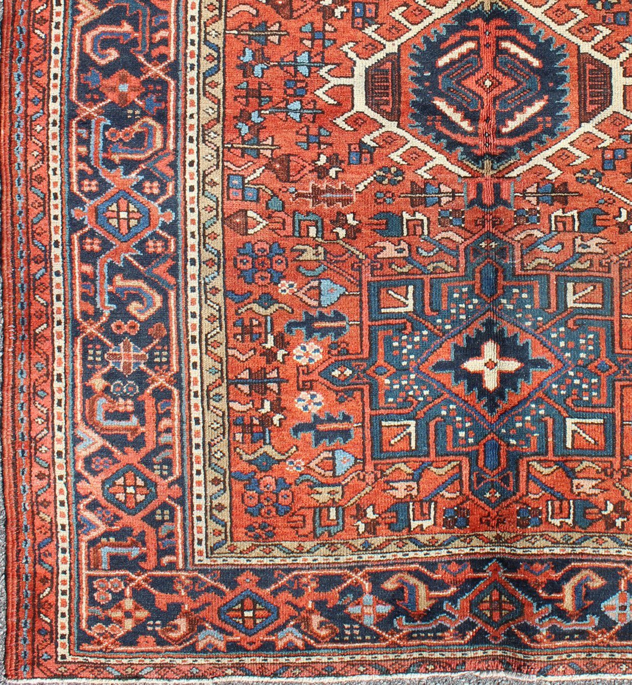 Antique Persian Karajeh Rug with Three Geometric Medallions in Rust & Blue Exquisite Antique Persian Serapi - Karajeh, rug H8 - 0302, country of origin / type: Persian / Serapi - Karajeh, circa early - 20th Century. Traditionally inspired by the... - Keivan Woven ArtsH8 - 0302 - 1062Rug