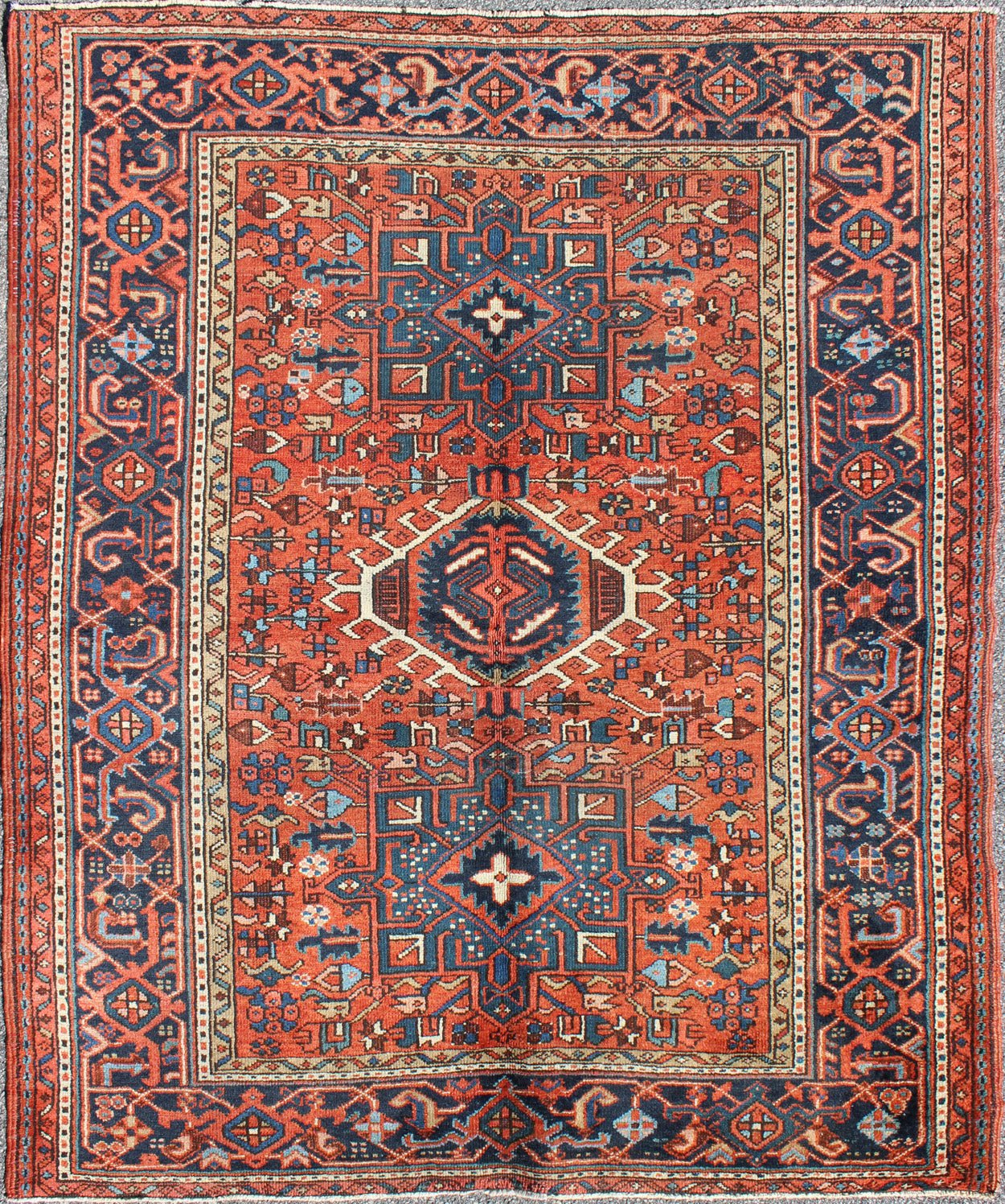 Antique Persian Karajeh Rug with Three Geometric Medallions in Rust & Blue Exquisite Antique Persian Serapi - Karajeh, rug H8 - 0302, country of origin / type: Persian / Serapi - Karajeh, circa early - 20th Century. Traditionally inspired by the... - Keivan Woven ArtsH8 - 0302 - 1062Rug