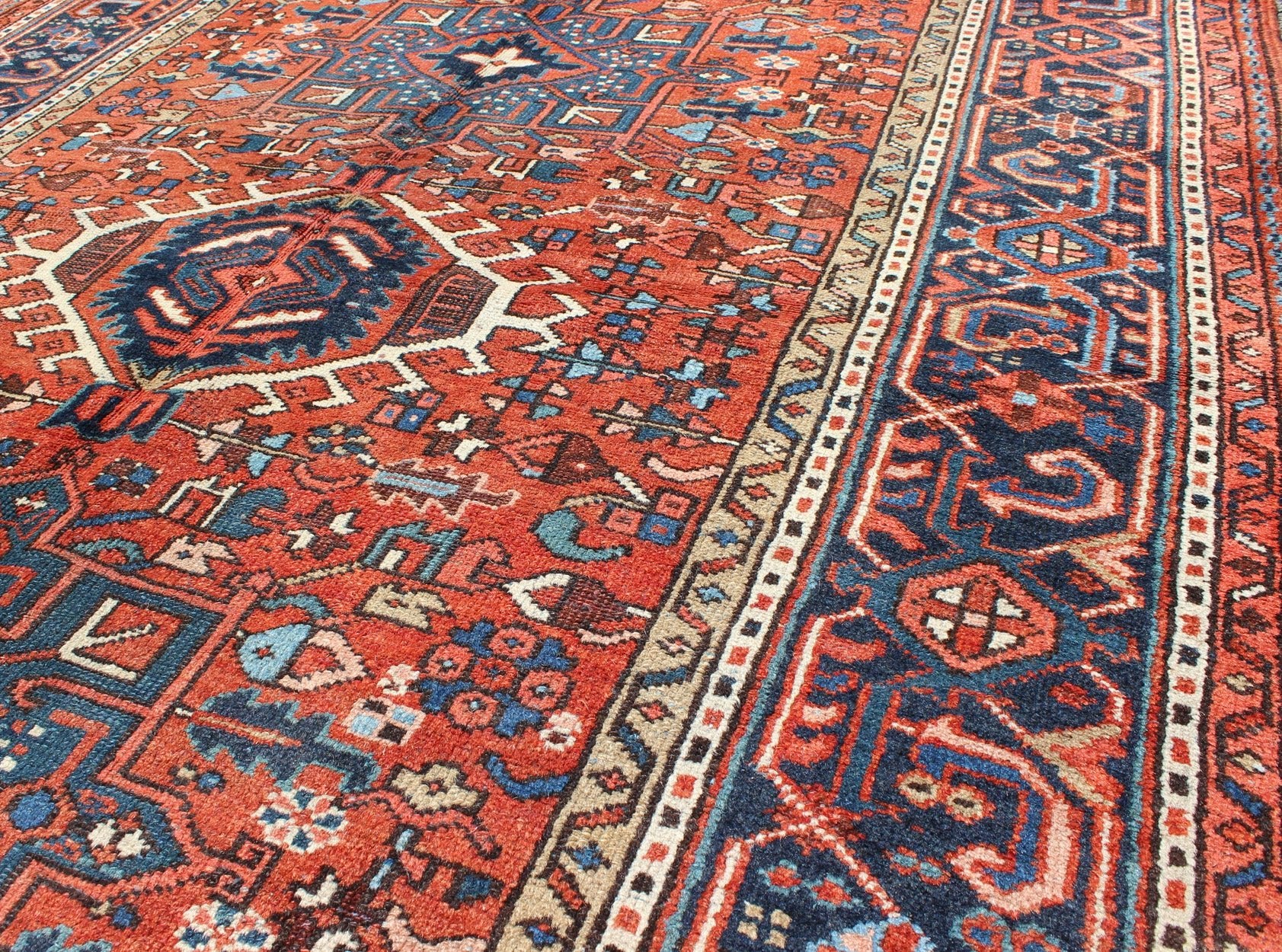 Antique Persian Karajeh Rug with Three Geometric Medallions in Rust & Blue Exquisite Antique Persian Serapi - Karajeh, rug H8 - 0302, country of origin / type: Persian / Serapi - Karajeh, circa early - 20th Century. Traditionally inspired by the... - Keivan Woven ArtsH8 - 0302 - 1062Rug