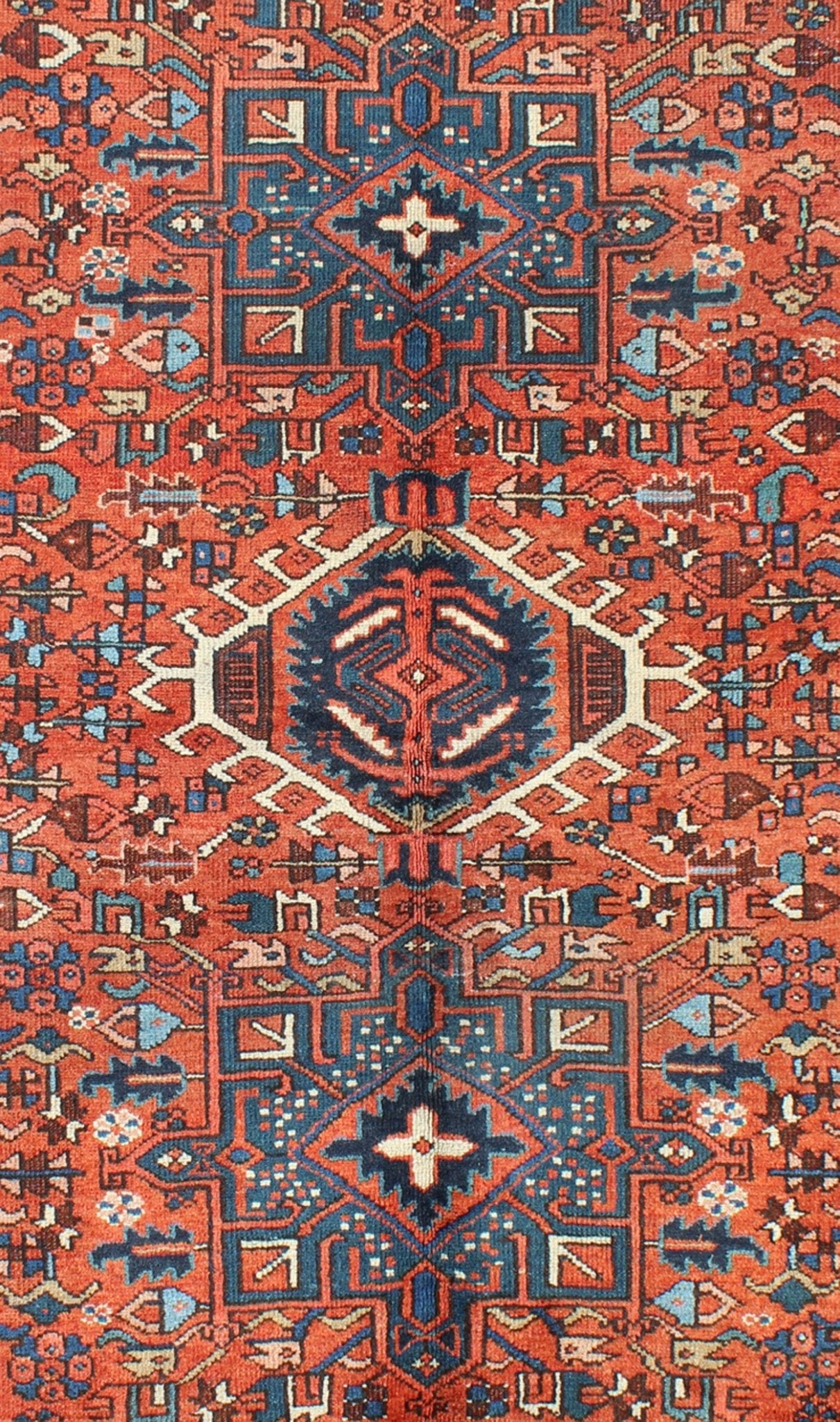 Antique Persian Karajeh Rug with Three Geometric Medallions in Rust & Blue Exquisite Antique Persian Serapi - Karajeh, rug H8 - 0302, country of origin / type: Persian / Serapi - Karajeh, circa early - 20th Century. Traditionally inspired by the... - Keivan Woven ArtsH8 - 0302 - 1062Rug