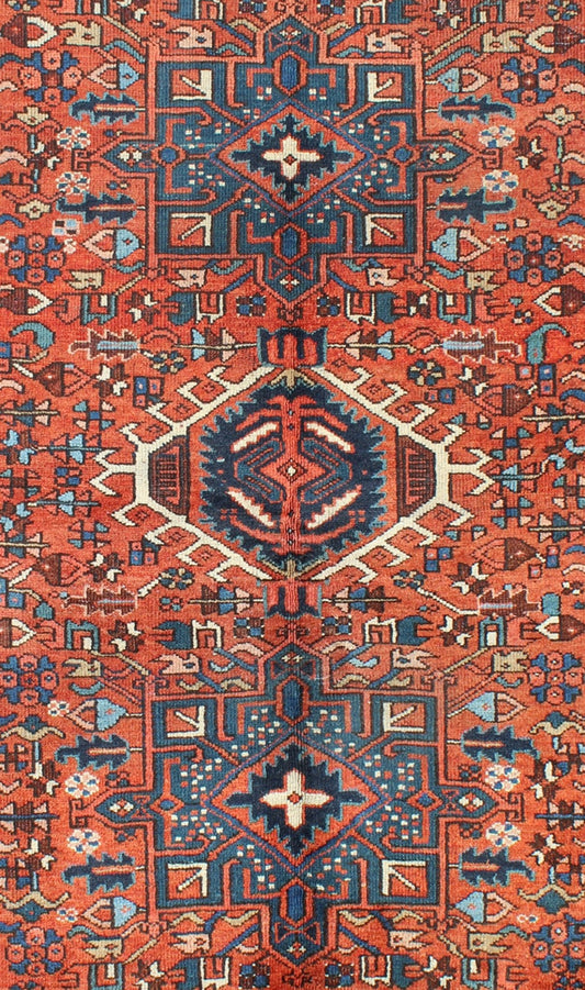 Antique Persian Karajeh Rug with Three Geometric Medallions in Rust & Blue Exquisite Antique Persian Serapi - Karajeh, rug H8 - 0302, country of origin / type: Persian / Serapi - Karajeh, circa early - 20th Century. Traditionally inspired by the... - Keivan Woven ArtsH8 - 0302 - 1062Rug