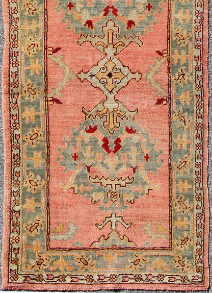 Antique Turkish Oushak Runner This antique Turkish Oushak runner displays beautiful Sub - geometric designs paired with a stunning array of gorgeous pastel colors. The rug is illuminated by an exquisite palette of coral and blue/green with accents... - Keivan Woven ArtsH8 - 0401 - 1396Rug