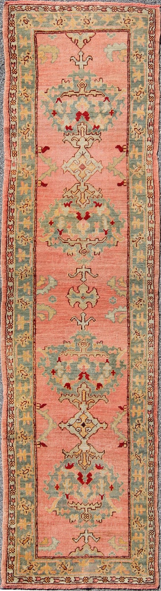 Antique Turkish Oushak Runner This antique Turkish Oushak runner displays beautiful Sub - geometric designs paired with a stunning array of gorgeous pastel colors. The rug is illuminated by an exquisite palette of coral and blue/green with accents... - Keivan Woven ArtsH8 - 0401 - 1396Rug