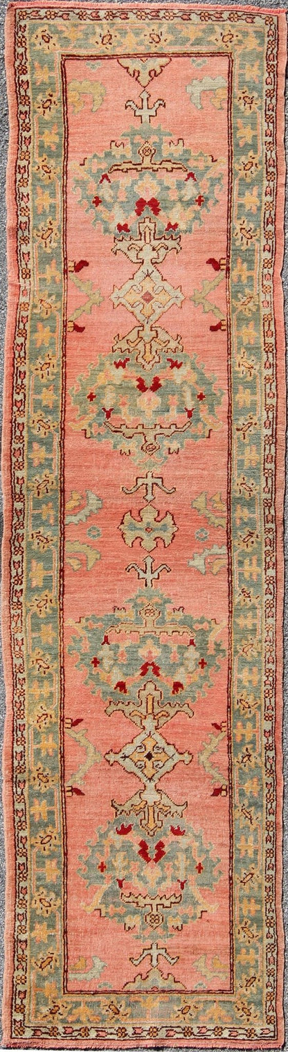 Antique Turkish Oushak Runner This antique Turkish Oushak runner displays beautiful Sub - geometric designs paired with a stunning array of gorgeous pastel colors. The rug is illuminated by an exquisite palette of coral and blue/green with accents... - Keivan Woven ArtsH8 - 0401 - 1396Rug