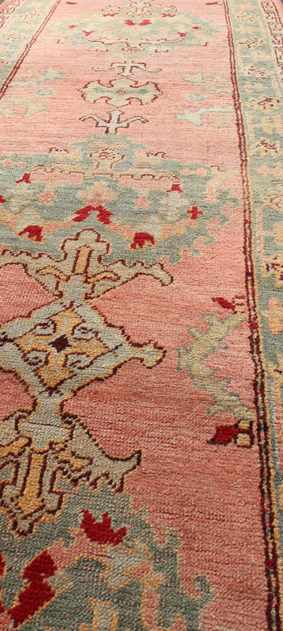 Antique Turkish Oushak Runner This antique Turkish Oushak runner displays beautiful Sub - geometric designs paired with a stunning array of gorgeous pastel colors. The rug is illuminated by an exquisite palette of coral and blue/green with accents... - Keivan Woven ArtsH8 - 0401 - 1396Rug