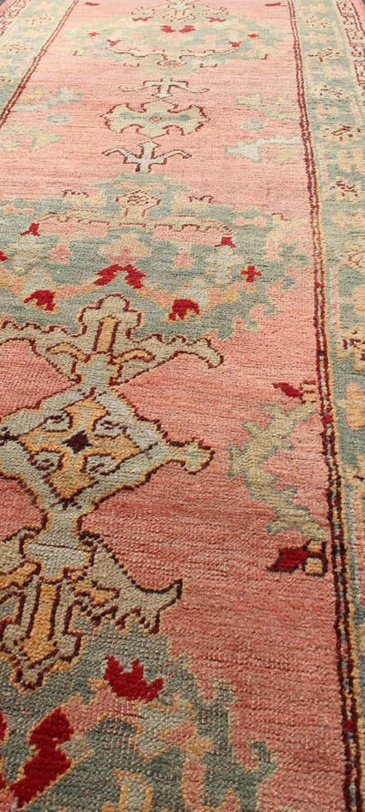 Antique Turkish Oushak Runner This antique Turkish Oushak runner displays beautiful Sub - geometric designs paired with a stunning array of gorgeous pastel colors. The rug is illuminated by an exquisite palette of coral and blue/green with accents... - Keivan Woven ArtsH8 - 0401 - 1396Rug