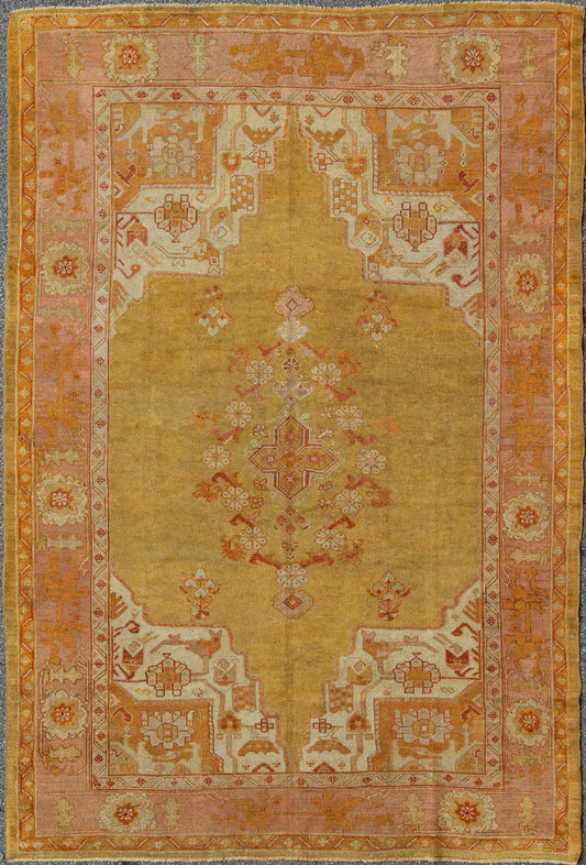 Antique Oushak Rug in Yellow Green Background, Pink Border, Red & Orange Accents. Antique Oushak rug in yellow green background, pink border, red and orange accents, Keivan Woven Arts/rug / H8 - 0403, Green antique Oushak Measures: 7'10 x... - Keivan Woven ArtsH8 - 0403 - 1867Rug