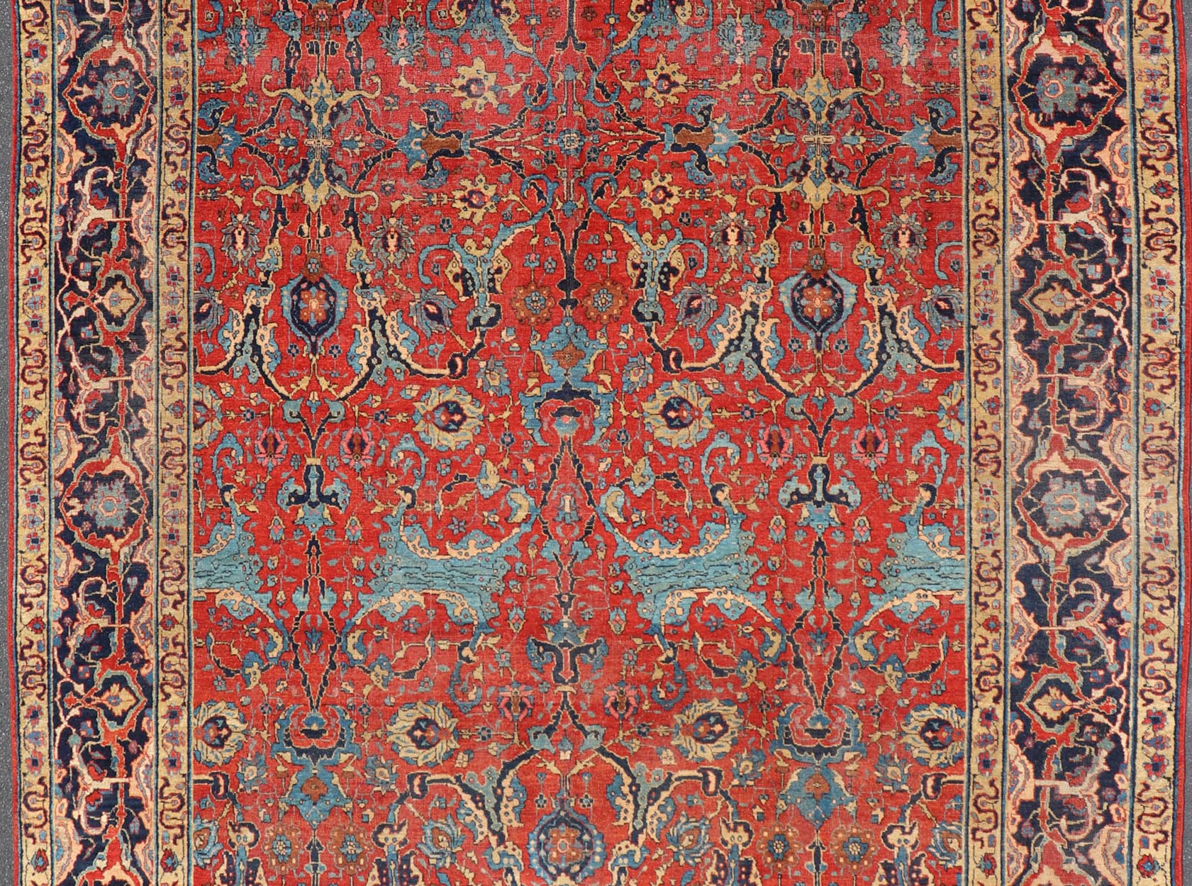 Antique Tabriz Rug with All Over Design in Rust Red, Blue's, Yellow, and L. Blue. Keivan Woven Arts / rug H8 - 0601, country of origin / type: Iran / Tabriz, circa 1910s. Measures: 9'7 x 13'3. This unique and compelling antique Tabriz was w... - Keivan Woven ArtsH8 - 0601 - 3005Rug
