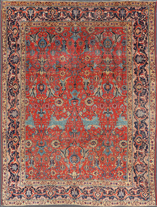 Antique Tabriz Rug with All Over Design in Rust Red, Blue's, Yellow, and L. Blue. Keivan Woven Arts / rug H8 - 0601, country of origin / type: Iran / Tabriz, circa 1910s. Measures: 9'7 x 13'3. This unique and compelling antique Tabriz was w... - Keivan Woven ArtsH8 - 0601 - 3005Rug