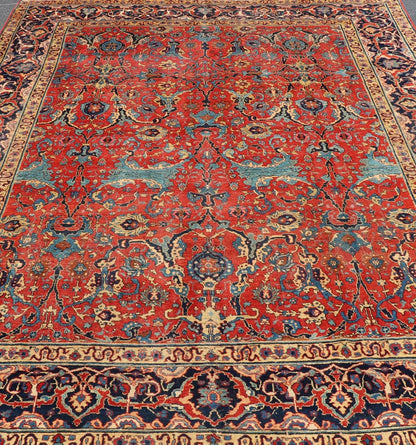 Antique Tabriz Rug with All Over Design in Rust Red, Blue's, Yellow, and L. Blue. Keivan Woven Arts / rug H8 - 0601, country of origin / type: Iran / Tabriz, circa 1910s. Measures: 9'7 x 13'3. This unique and compelling antique Tabriz was w... - Keivan Woven ArtsH8 - 0601 - 3005Rug