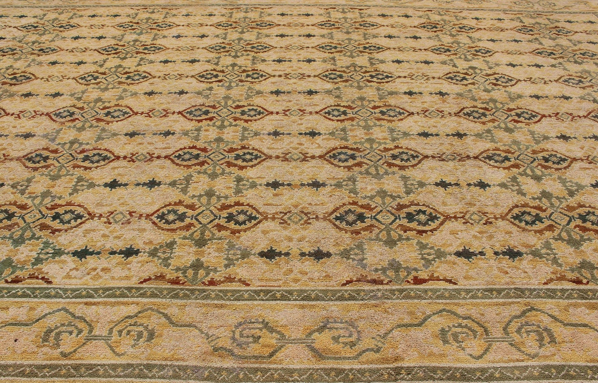 Grandiose Spanish Rug in Gold, Yellow, Green and Raffia Colors, kwarugs, H8 - 0602. Vintage Spanish Large Rug This golden masterpiece was expertly handcrafted in Spain during the early part of the 20th Century. The field's multi - faceted colors pla... - Keivan Woven ArtsH8 - 0602 - 335Rug