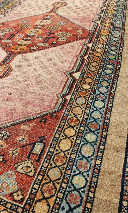 Antique Persian Serab Rug with Geometric Medallion Design in Tan and Pink Serab antique rung from Persia with geometric medallions and ornate multi - tiered border, Keivan Woven Arts / rug H8 - 1001, country of origin / type: Iran / Serab, circa 189... - Keivan Woven ArtsH8 - 1001 - 1124Rug