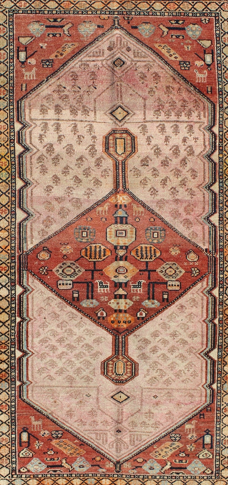 Antique Persian Serab Rug with Geometric Medallion Design in Tan and Pink Serab antique rung from Persia with geometric medallions and ornate multi - tiered border, Keivan Woven Arts / rug H8 - 1001, country of origin / type: Iran / Serab, circa 189... - Keivan Woven ArtsH8 - 1001 - 1124Rug