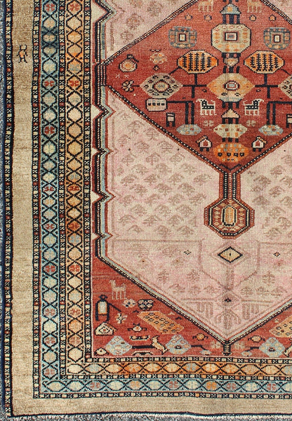 Antique Persian Serab Rug with Geometric Medallion Design in Tan and Pink Serab antique rung from Persia with geometric medallions and ornate multi - tiered border, Keivan Woven Arts / rug H8 - 1001, country of origin / type: Iran / Serab, circa 189... - Keivan Woven ArtsH8 - 1001 - 1124Rug