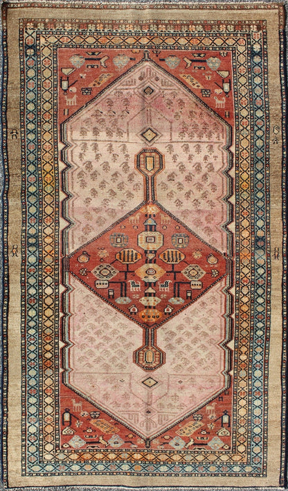 Antique Persian Serab Rug with Geometric Medallion Design in Tan and Pink Serab antique rung from Persia with geometric medallions and ornate multi - tiered border, Keivan Woven Arts / rug H8 - 1001, country of origin / type: Iran / Serab, circa 189... - Keivan Woven ArtsH8 - 1001 - 1124Rug