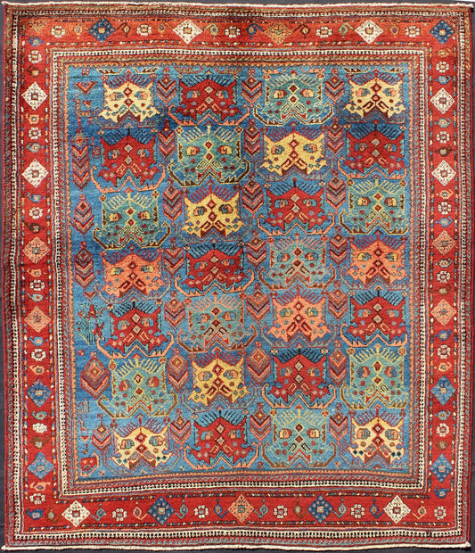 Square shape Antique Persian Afshar Rug in Blue Background, Terracotta Red Border, Light Green, vivid yellow, salmon and ivory. Bold geometry, rich symbolism, and vivid singular coloration contribute to the beauty of this stunning piece. Keivan Woven A... - Keivan Woven ArtsH8 - 1103 - 1568Rug