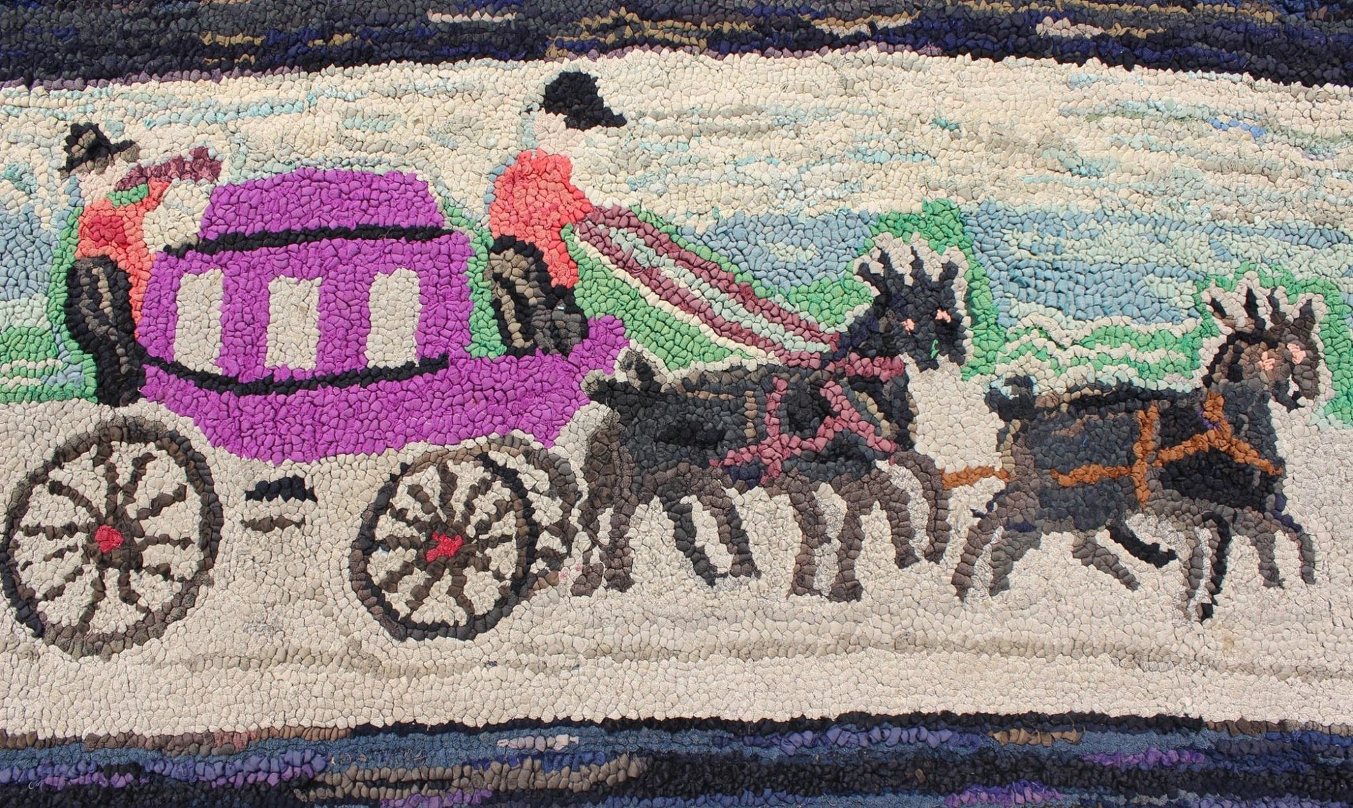 Pictorial Antique American Hooked Rug Horse & Buggy in multi colors, American Hooked Rug, Hooked rug pictorial rug, tapestry. Purple, black, orange, Green, brown and light tones in this antique American hooked rug with horse and buggy, rug H8 - 11... - Keivan Woven ArtsH8 - 1104 - 1542Rug