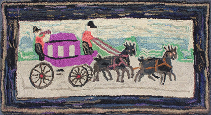 Pictorial Antique American Hooked Rug Horse & Buggy in multi colors, American Hooked Rug, Hooked rug pictorial rug, tapestry. Purple, black, orange, Green, brown and light tones in this antique American hooked rug with horse and buggy, rug H8 - 11... - Keivan Woven ArtsH8 - 1104 - 1542Rug