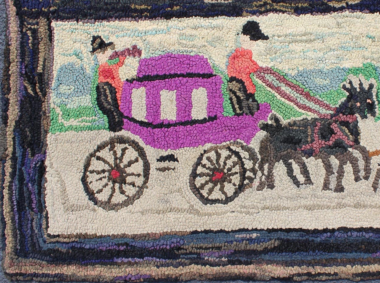Pictorial Antique American Hooked Rug Horse & Buggy in multi colors, American Hooked Rug, Hooked rug pictorial rug, tapestry. Purple, black, orange, Green, brown and light tones in this antique American hooked rug with horse and buggy, rug H8 - 11... - Keivan Woven ArtsH8 - 1104 - 1542Rug