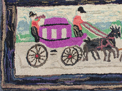 Pictorial Antique American Hooked Rug Horse & Buggy in multi colors, American Hooked Rug, Hooked rug pictorial rug, tapestry. Purple, black, orange, Green, brown and light tones in this antique American hooked rug with horse and buggy, rug H8 - 11... - Keivan Woven ArtsH8 - 1104 - 1542Rug