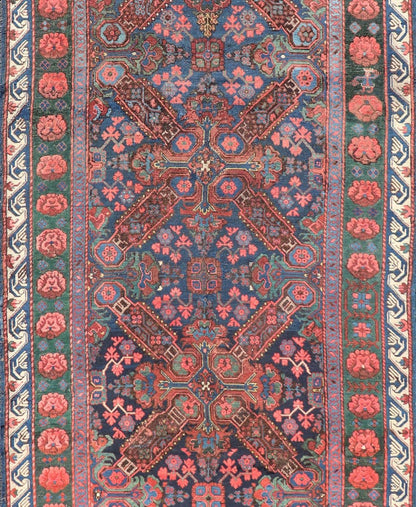 Antique Caucasian 19th Century Seychour Rug in Blue, Green, Brown & Multi Colors. Set on an indigo background this antique 19th Century Seychour Caucasian rug features four intricate medallions composed of delightful rich colors. The entire piece i... - Keivan Woven ArtsH8 - 1105 - 2633Rug