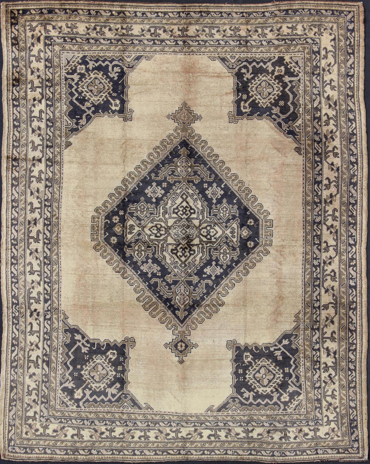 Antique Turkish Oushak rug with geometric design in champagne, butter, navy blue. Geometric Turkish antique Oushak carpet. Keivan Woven Arts rug / H8 - 1111, Country of Origin: Turkey Type: Oushak Design. Measures: 10'2 x 12'4 This beautiful rug f... - Keivan Woven ArtsH8 - 1111 - 1670Rug