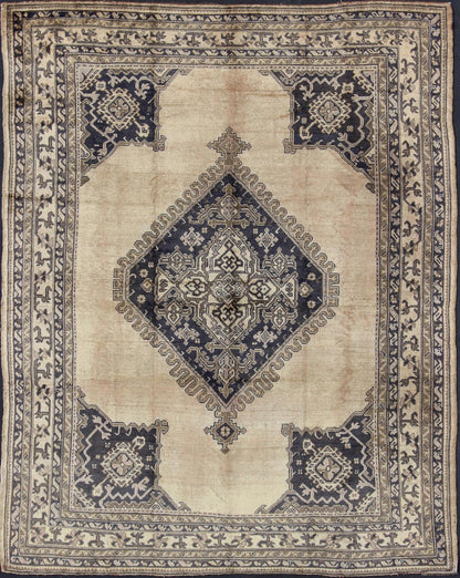Antique Turkish Oushak rug with geometric design in champagne, butter, navy blue. Geometric Turkish antique Oushak carpet. Keivan Woven Arts rug / H8 - 1111, Country of Origin: Turkey Type: Oushak Design. Measures: 10'2 x 12'4 This beautiful rug f... - Keivan Woven ArtsH8 - 1111 - 1670Rug