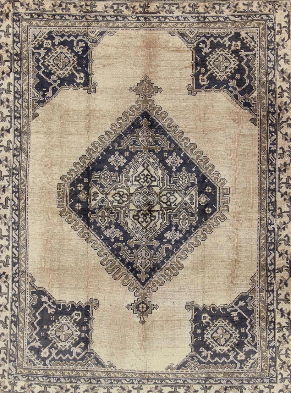 Antique Turkish Oushak rug with geometric design in champagne, butter, navy blue. Geometric Turkish antique Oushak carpet. Keivan Woven Arts rug / H8 - 1111, Country of Origin: Turkey Type: Oushak Design. Measures: 10'2 x 12'4 This beautiful rug f... - Keivan Woven ArtsH8 - 1111 - 1670Rug