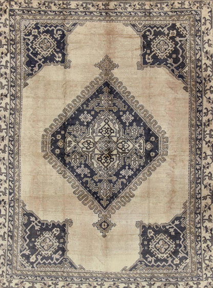 Antique Turkish Oushak rug with geometric design in champagne, butter, navy blue. Geometric Turkish antique Oushak carpet. Keivan Woven Arts rug / H8 - 1111, Country of Origin: Turkey Type: Oushak Design. Measures: 10'2 x 12'4 This beautiful rug f... - Keivan Woven ArtsH8 - 1111 - 1670Rug