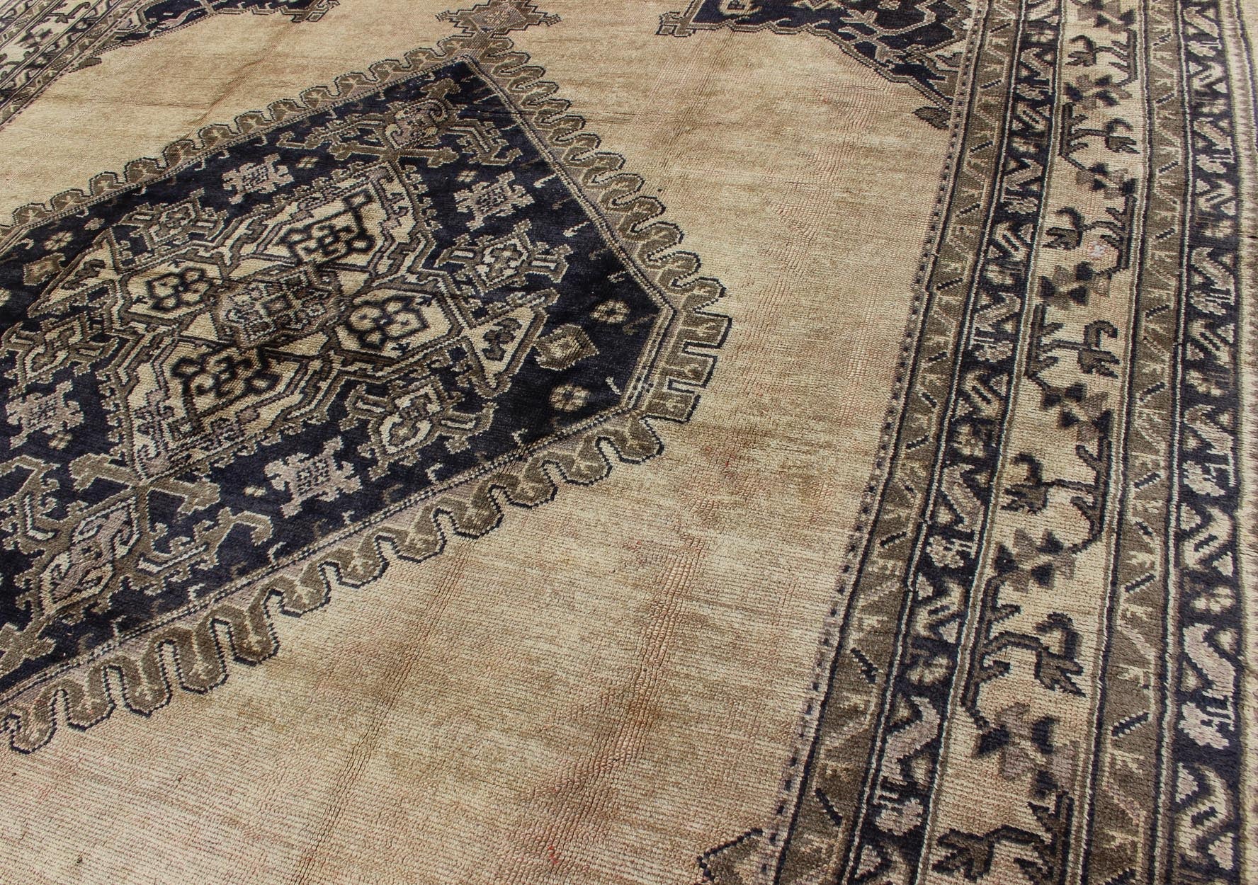 Antique Turkish Oushak rug with geometric design in champagne, butter, navy blue. Geometric Turkish antique Oushak carpet. Keivan Woven Arts rug / H8 - 1111, Country of Origin: Turkey Type: Oushak Design. Measures: 10'2 x 12'4 This beautiful rug f... - Keivan Woven ArtsH8 - 1111 - 1670Rug