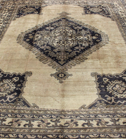 Antique Turkish Oushak rug with geometric design in champagne, butter, navy blue. Geometric Turkish antique Oushak carpet. Keivan Woven Arts rug / H8 - 1111, Country of Origin: Turkey Type: Oushak Design. Measures: 10'2 x 12'4 This beautiful rug f... - Keivan Woven ArtsH8 - 1111 - 1670Rug