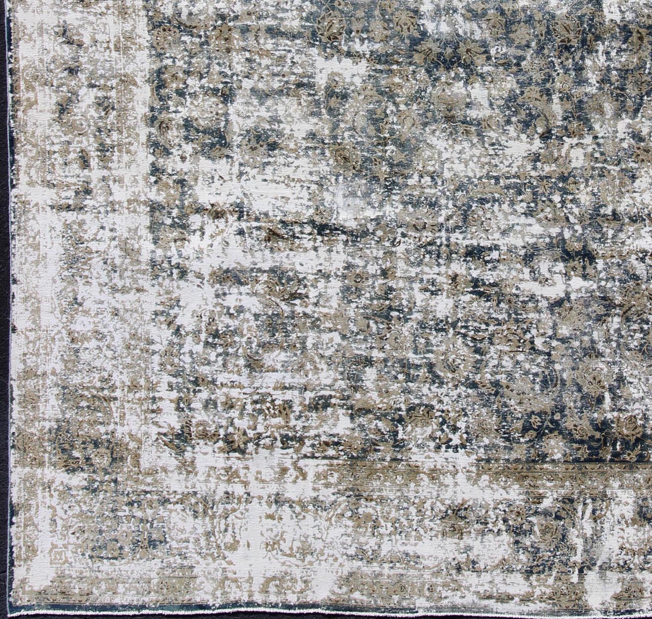 Distressed Antique Persian Rug with All Over Modern Design in Teal Blue, Blue, taupe, tan, honey colors. Antique distressed Persian rug, for modern interiors, and a rustic modern look, Keivan Woven Arts/ Rug/HAR - 105, Country of Origin/ Iran, Type/antiq... - Keivan Woven ArtsHAR - 105 - 8227Rug