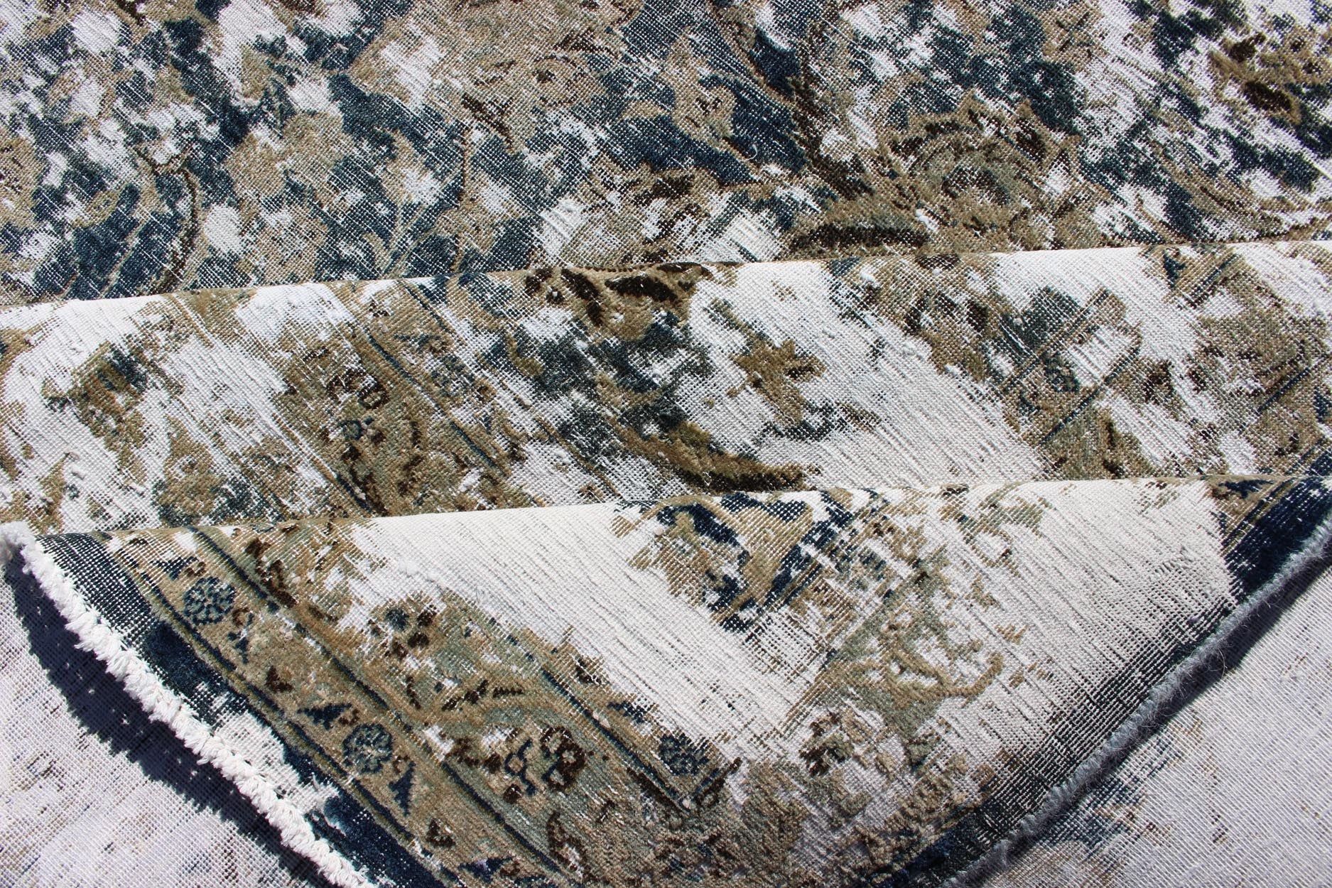 Distressed Antique Persian Rug with All Over Modern Design in Teal Blue, Blue, taupe, tan, honey colors. Antique distressed Persian rug, for modern interiors, and a rustic modern look, Keivan Woven Arts/ Rug/HAR - 105, Country of Origin/ Iran, Type/antiq... - Keivan Woven ArtsHAR - 105 - 8227Rug