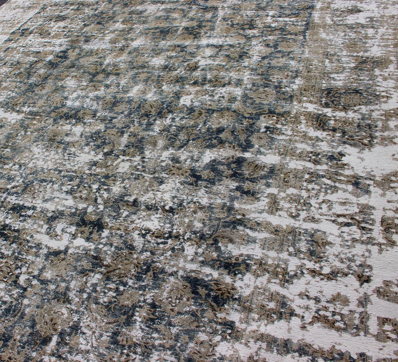 Distressed Antique Persian Rug with All Over Modern Design in Teal Blue, Blue, taupe, tan, honey colors. Antique distressed Persian rug, for modern interiors, and a rustic modern look, Keivan Woven Arts/ Rug/HAR - 105, Country of Origin/ Iran, Type/antiq... - Keivan Woven ArtsHAR - 105 - 8227Rug
