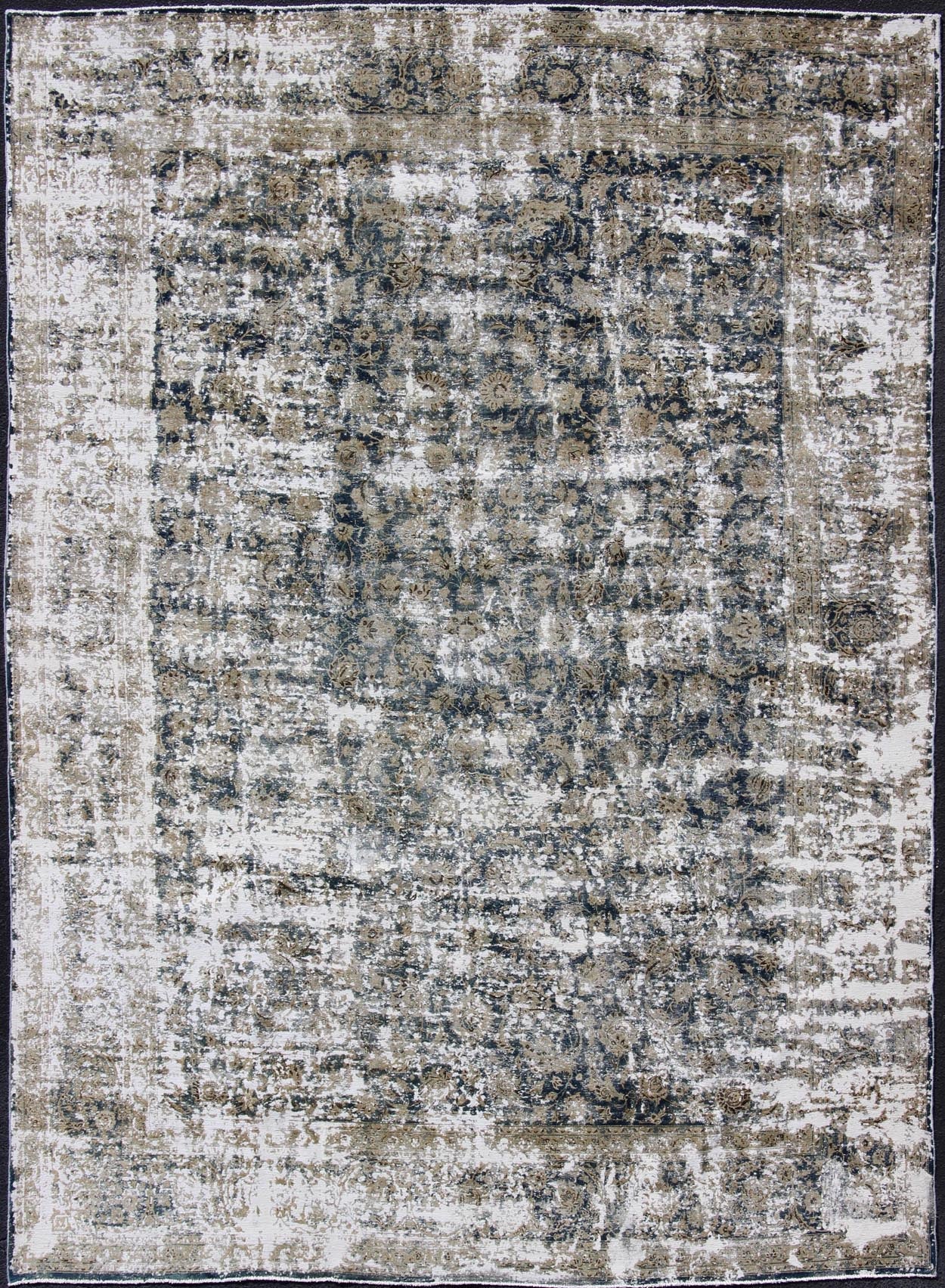 Distressed Antique Persian Rug with All Over Modern Design in Teal Blue, Blue, taupe, tan, honey colors. Antique distressed Persian rug, for modern interiors, and a rustic modern look, Keivan Woven Arts/ Rug/HAR - 105, Country of Origin/ Iran, Type/antiq... - Keivan Woven ArtsHAR - 105 - 8227Rug